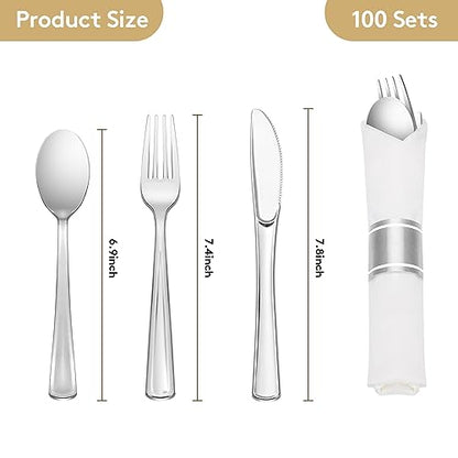 Goodluck 100 Pack Pre Rolled Silver Plastic Silverware, Wrapped Plastic Cutlery Set with Napkin Include 100 Forks, 100 Knives, 100 Spoons and 100 Napkins, Disposable Silverware for Party, Wedding - size: 100pc, style: Silver