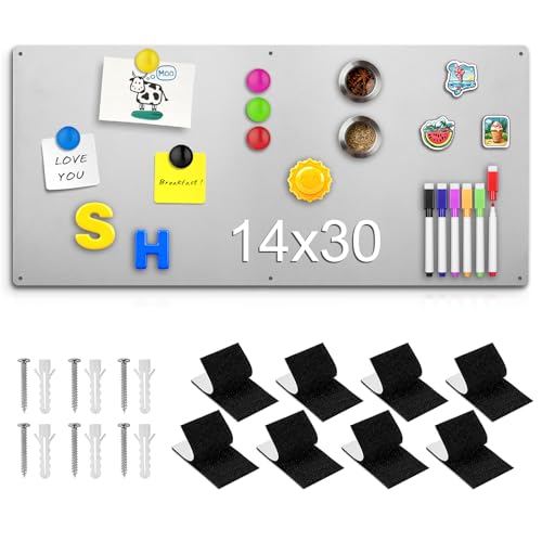 14" x 30" Magnetic Board, Silver Magnet Bulletin Board to Display Magnetic Letters, Metal Board for Wall, Refrigerator, with Dual Lock Tape, Marker Pen - color: Silver, size: 14" x 30"