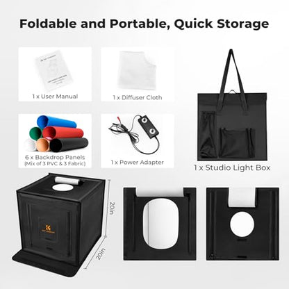 K&F CONCEPT Photo Studio Shooting Tent, 20"x20" Light Box with 160 LEDs 97+ CRI, 3000K-5600K Dimmable & 6 Backdrops, Portable Folding Lightbox for Product Photography - size: 20*20 Inch