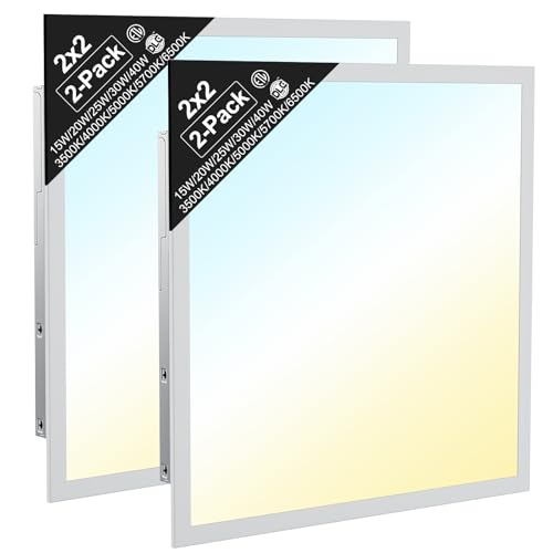 2x2 LED Flat Panel Light, Commercial Drop Ceiling Troffer, 2 Pack, 15W–40W Wattage Selectable, 5CCT 3500K–6500K, 0–10V Dimmable, Flicker-Free, ETL Listed - size: 2x2FT-2pack