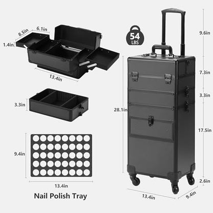 Somduy 4 in 1 Rolling Makeup Case on Wheels with Drawer and Professional Cosmetic Organizers for Salon Barber - Bright Black - color: Bright Black