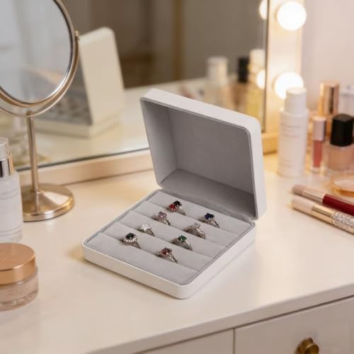Small Ring Organizer Box, Portable Jewelry Rings Display Collector Case, Jewelry Ring Tray holder Showcase. Modern Rings Storage Boxes Fit for Women, Girl for Travel (White) - color: White