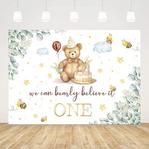 AIBIIN Bear 1st Birthday Backdrop We Can Bearly Believe It One Photography Background Bear Bee First Birthday Party Party Decorations Banner Photo Props 10x7ft - color: White, size: 10x7ft