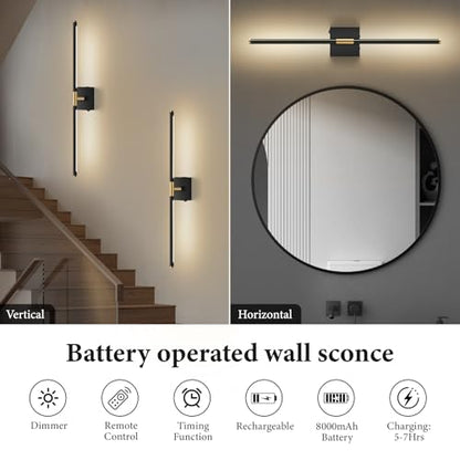 SAIMAND Wall Sconces Set of 2 Battery Operated, Wireless USB Rechargeable Wall Lights with Remote Control, 360° Rotation, 8000mAh LED Dimmable Picture Lamp for Living Room,Bedroom,Hallway (30in Black) - color: Black