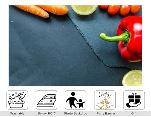 5x3ft Fresh Vegetable Flat Lay Backdrop Red Pepper Carrots Lemon Tomatoes Slate Board Photography Background for Food Styling Healthy Cooking Decorations Tapestry Photo Booth Props - size: 5x3ft