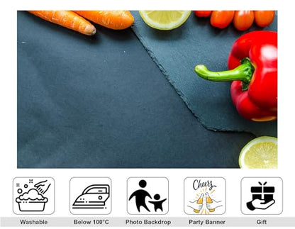 7x7ft Fresh Vegetable Flat Lay Backdrop Red Pepper Carrots Lemon Tomatoes Slate Board Photography Background for Food Styling Healthy Cooking Decorations Tapestry Photo Booth Props - size: 7x7ft