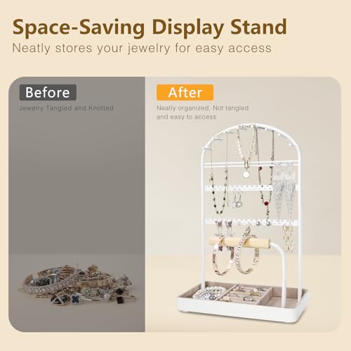 Saydear Multi-Functional Jewelry Holder Organizer Necklace Display Stand Velvet Lined Bar for Rings 2 Tier with 18 Hooks, 32 Earring Holes - Sturdy and Durable, Easy Organization White - color: White V1.0