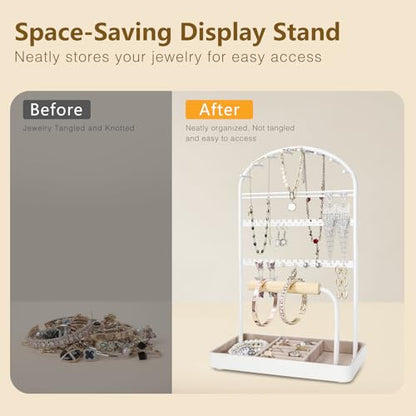 Saydear Multi-Functional Jewelry Holder Organizer Necklace Display Stand Velvet Lined Bar for Rings 2 Tier with 18 Hooks, 32 Earring Holes - Sturdy and Durable, Easy Organization White - color: White V1.0