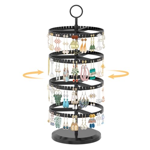 EsLuker.ly Earring Holder Organizer Rotating Stud Display Tree Rack with 228 U-Slots for Women Girls, Large Adjustable 4 Tier Plastic Storage Stand with Metal Tray for Pierced Hoop Post Earring, Black - color: Solid Black