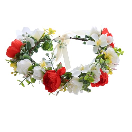 Women Flower Crown Bride Flower Headband Floral Halo Floral Crown Wedding Bridal Party Cosplay Halloween Photos - color: red and white