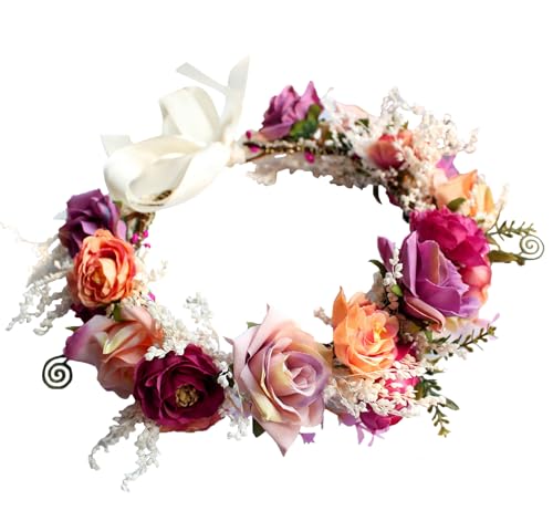 Flower Crown Rose Flower Headband Floral Crown Headpiece Halo Wedding Bridal Party Halloween Photos - color: rosy red