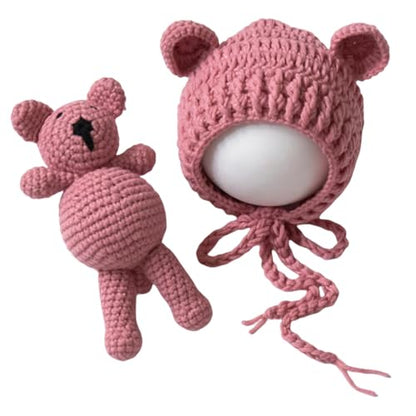 Zeroest Newborn Baby Boy Girl Photography Props Bear Hat Outfits Crochet Kint Handmade Cap Set for Newborn Photo Shoot - color: Dusty Pink