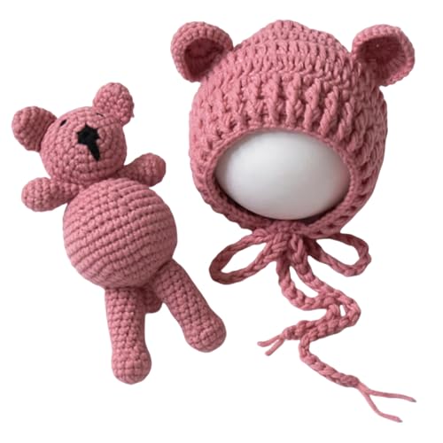 Zeroest Newborn Baby Boy Girl Photography Props Bear Hat Outfits Crochet Kint Handmade Cap Set for Newborn Photo Shoot - color: Dusty Pink
