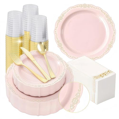 Fijinhom 175 PCS Pink Disposable Plates, Elegant Dinnerware Set for 25 Guests, 50 Plastic Plates, 75 Silverware, 25 Cups & 25 Paper Napkins, Pink - color: Pink Gold Pattern, size: 25 Guests-175pcs