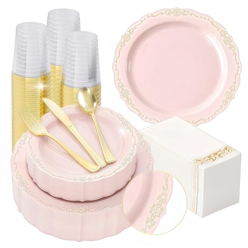 Fijinhom 175 PCS Pink Disposable Plates, Elegant Dinnerware Set for 25 Guests, 50 Plastic Plates, 75 Silverware, 25 Cups & 25 Paper Napkins, Pink - color: Pink Gold Pattern, size: 25 Guests-175pcs