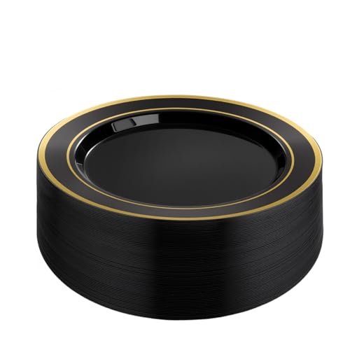 BESTVIP 50PCS Black Plastic Plates, 10.25 Inch Disposable Dinner Plate Party with Gold Rim for Christmas, Thanksgiving, Heavy Duty Disposable Plastic Plates for Party, Wedding and Birthday, Events - color: Black/Gold, size: 50PC