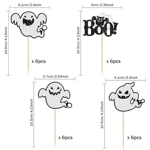 Halloween Cake Picks 24Pcs, Spooky Cupcake Toppers BOO Ghost, Cake Decorations Party Supplies - style: 01