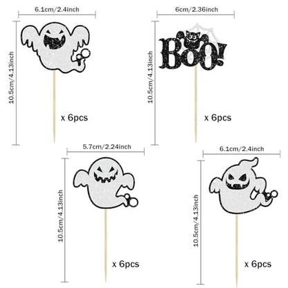 Halloween Cake Picks 24Pcs, Spooky Cupcake Toppers BOO Ghost, Cake Decorations Party Supplies - style: 01