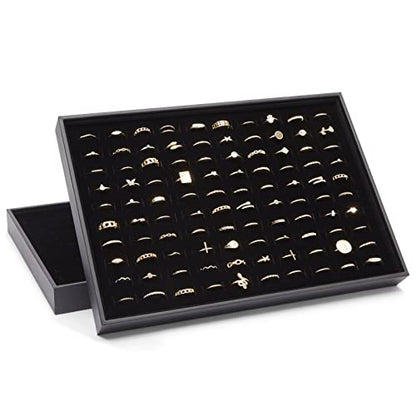 Juvale Ring Display Tray - Velvet Protection & Jewelry Display - Removable Pad & Earring Storage - Stackable Jewelry Trays & Glasses Holder for Nightstand - Pack of 2, 13.8 x 9.5 x 1.3 in, Black