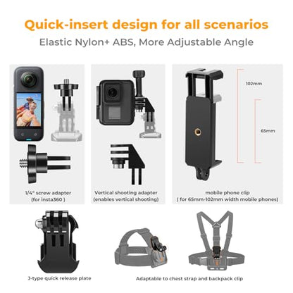 K&F CONCEPT Accessories Set for GoPro Hero 13/12/11/10/9/8/7/6/5/4/DJI Osmo Action Series/Pocket 3/2/Insta360 X4/X3, Chest Strap Harness+Backpack Clip+360° Rotating Head Strap Mount and Wrist Strap