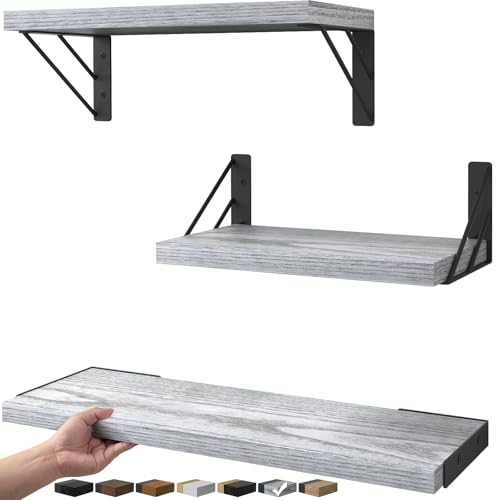 BAYKA Wall Shelves for Bedroom Decor, Floating Wall Shelves for Living Room Kitchen Storage, Mounted Rustic Wood Floating Shelves for Kids Books,Corner Shelves for Bathroom(Gray White，Set of 3) - color: E. Gray White Board & Black Brackets, size: 16-inch