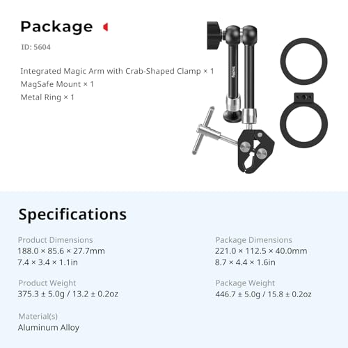 SmallRig Magic Arm Clamp w/ 1/4" Screw, Phone Mount for Magsafe & Magnetic Adapter Ring, 11 Inches Integrated Magic Arm for iPhone, for Android, for Action Cameras/LCD Monitor/LED Lights - 5604 - size: 11''+phone mount