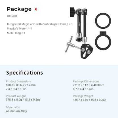 SmallRig Magic Arm Clamp w/ 1/4" Screw, Phone Mount for Magsafe & Magnetic Adapter Ring, 11 Inches Integrated Magic Arm for iPhone, for Android, for Action Cameras/LCD Monitor/LED Lights - 5604 - size: 11''+phone mount