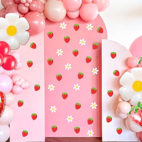 48pcs Strawberry Stickers for Balloon Arch Strawberries Theme Party Signs for Backdrop Kitchen Fruit Wall Stickers Daisy Flowers Berry First Crafts Decals for Baby Shower Girls Birthday Party Supplies - color: Red & White
