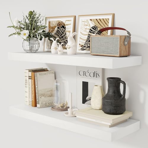 White Floating Shelves 36 Inch Long, 12 Inch Deep Floating Shelves for Wall, 36 x 12 Shelves for Wall Storage & Display, 2" Thick Floating Shelf for Bathroom, Living Room, Bedroom, Set of 2 - color: White, size: 36"W x 12"D, 2 Pack