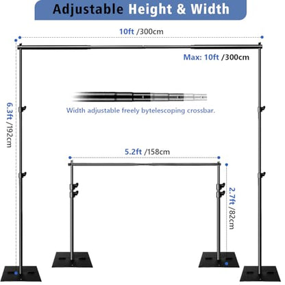 SLOW DOLPHIN Pipe and Drape Photography Backdrop Stand Kit Adjustable Photo Background Stand 10ft x 6.5ft with Metal Base for Parties Weddings Birthday Party Events Photo Booth