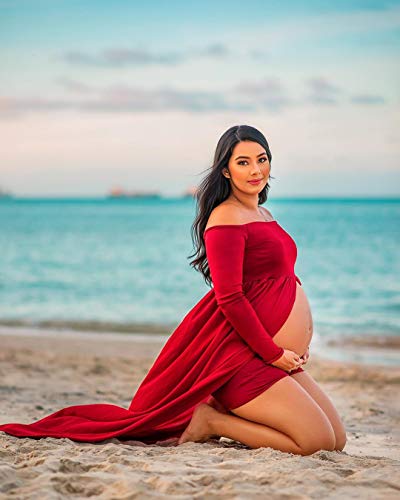 ZIUMUDY Maternity Maxi Chiffon Photography Dress Split Front Gown for Photoshoot - color: Burgundy01