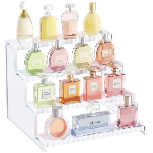 Lifewit 4 Tier White Display Riser Stand with Decorative Secure Fences, Tool-free Assembly, Plastic 12 Inch Perfume Organizer, Display for Figures, Cupcake, Dessert, 1-pack - color: White