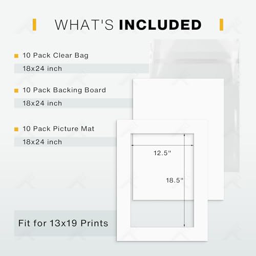 Golden State Art, Pack of 10, Pre-Cut 18x24 White Picture Mat Kit for 13x19 Photo, 10 White Core Bevel Cut Mattes, 10 Backing Boards and 10 Clear Bags - color: White, size: 18x24 for 13x19 (10 Pack)