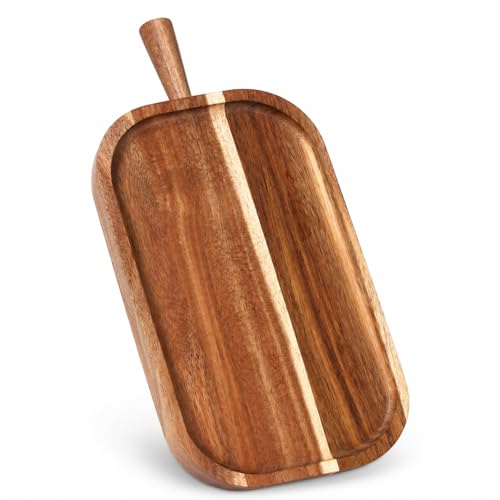 Acacia Wood Serving Board with Handle Rectangular Charcuterie Tray Acacia Dinner Platter with Natural Grain Finish Mom Gift for Food Meat Bread Appetizer Snack(16''l X 7.65''w X 1.25''d) - size: 16" x 7.7" x 1.3"