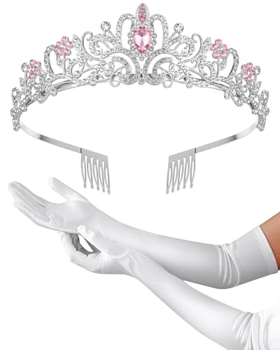 Princess Tiara Crown with Satin Gloves Set Crystal Headpiece for Graduation Prom and Party Photo Props - color: Silver Pink Diamond, style: A