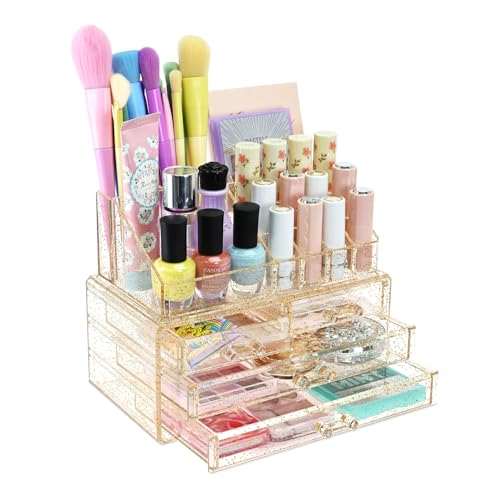 Ikee Design Acrylic Makeup Organizer with 4 Drawers Removable Top Lipstick Holders, Cosmetics Organizer for Skincare, Accessories, Lip Gloss for Vanity or Bathroom Countertop, Gold Glitter - color: 1b) 1 Top 4 Drawers, Gold Glitter
