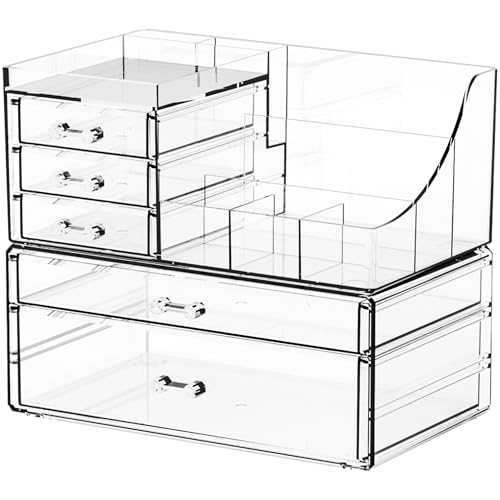 Yieach 2 Pack Clear Makeup Organizer Countertop for Dresser,Vanity and Bathroom Counter Organizer,Tiered Stackable Makeup Acrylic Organizers with 5 Drawer for Skincare,Brush and Make up Holders - style: 5 Drwers