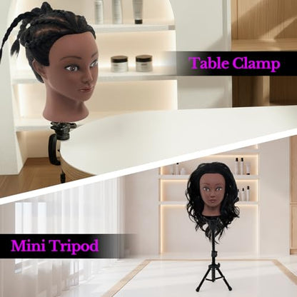 18" Mannequin Head Human Hair with Stand - 100% Real Human Hair Mannequin Head for Braiding, Cosmetology Manikin Doll Head for Hair Styling with Tripod Stand Table Clamp Hair Braiding Set,Black - color: Black&Tripod