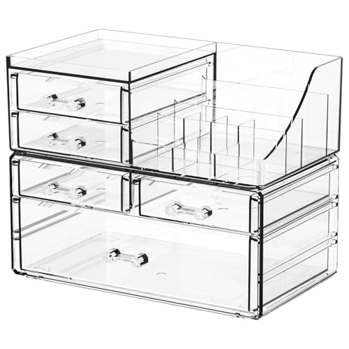 SUOXING Clear Acrylic Makeup Organizer for Vanity,Bathroom,Dresser,5 Drawer Make up Organizers for Counter,Plastic Countertop Makeup Storage for Beauty,Hair Accessory,Brush,Cosmetic,Skincare Organizer - size: 5 Drawers