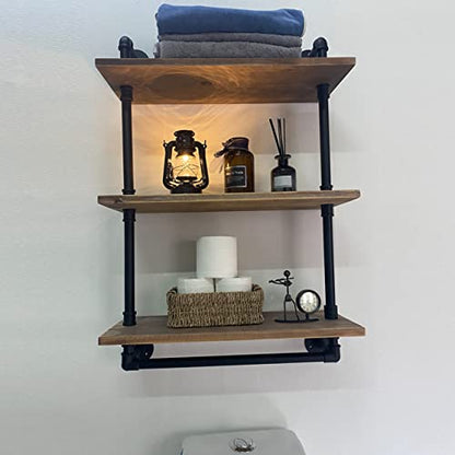 ROGMARS Industrial Pipe Shelving Bathroom Shelves with Towel bar, 24 in Rustic Floating Shelves Pipe Wall Shelf,3 Tier Wall Mounted Shelves with Hook - color: Rustic Brown, size: 24 inch 3 tier
