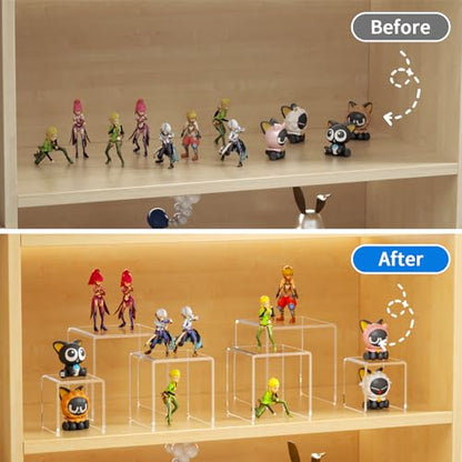NIUBEE Acrylic Display Risers Stand 2 Sets,3 Steps Clear Riser Shelf Showcase for Amiibo Funko POP Figures -3"x3"x4" - size: (3,3,4)" x2Set