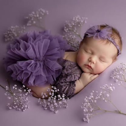 Newborn Photography Outfits Girl Baby Photography Props Lace Romper With headband Baby Photo Outfits Girls Photo Props - color: Purple