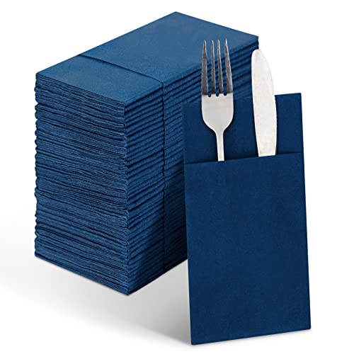 Linen-Feel Navy Blue Paper Napkins, 50 Pcs Cloth Like Dinner Napkins with Built-in Flatware Pocket, Pre-Folded Absorbent Disposable Guest Paper Hand Towels for Bathroom, Weddings Party - color: navy blue