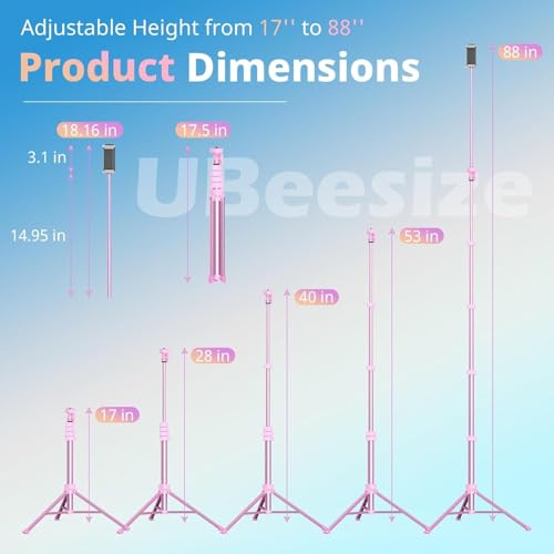 UBeesize 88’’ Flexible Phone Tripod with 14.95’’ Gooseneck, Remote and Phone Holder, Overhead Cell Phone Stand＆Selfie Stick for Video Recording, Compatible with iPhone Android Phone, Camera Pink - color: Pink, size: 88in