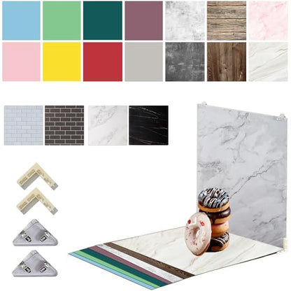 Large 24x24in Photo Backdrop Board: 9PCS 18Patterns Product Photography Backdrops for Food Jewelry, Background Table Top Small Shooting Kit - color: Blue Pink Yellow