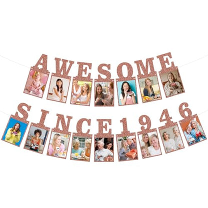 Pre-strung Awesome Since 1946 Photo Banner Birthday Decorations for Women- Pink Rose Gold Glitter 80th Birthday and Anniversary Decorations Party Supplies - style: Pink Rose Gold 80th