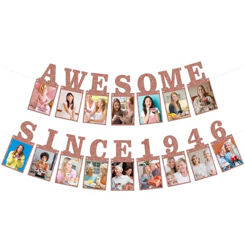 Pre-strung Awesome Since 1946 Photo Banner Birthday Decorations for Women- Pink Rose Gold Glitter 80th Birthday and Anniversary Decorations Party Supplies - style: Pink Rose Gold 80th