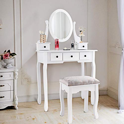 Giantex Girl Vanity Set with 5 Drawers, Makeup Dressing Table with Cushioned Stool for Modern Bedroom Apartment, White Vanity Desk for Women - color: White, style: 5 Drawers