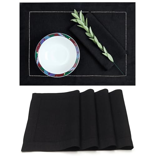 D'Moksha Homes Linen Placemats Set of 4 - Classic Hemstitch Black Placemats 14 x 19 Inch - 100% Pure Linen Table Mats for Spring - Handcrafted and Machine Washable - color: 04 - Black