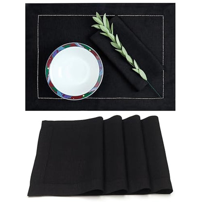 D'Moksha Homes Linen Placemats Set of 4 - Classic Hemstitch Black Placemats 14 x 19 Inch - 100% Pure Linen Table Mats for Spring - Handcrafted and Machine Washable - color: 04 - Black